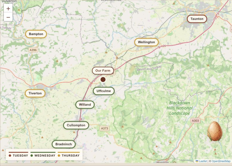 Map of Appledore Farm Eggs delivery areas and weekly delivery days
