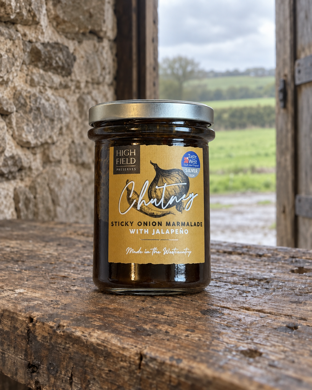 A glass jar of High Field Preserves Chutney Sticky Onion Marmalade with Jalapeño sits on a rustic wooden table in front of a stone wall, with an outdoor field visible in the background.