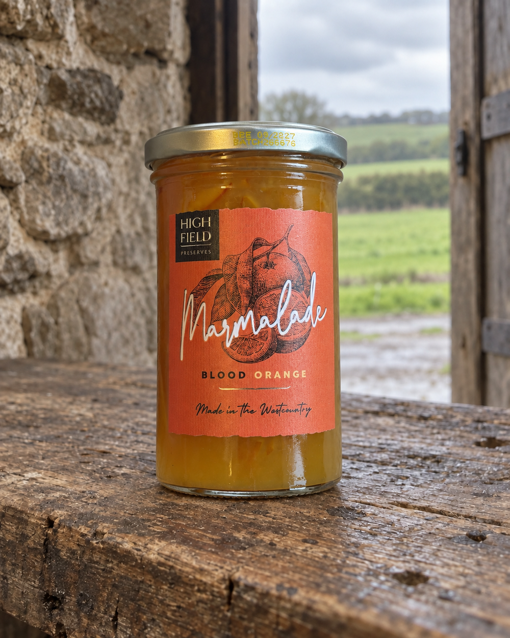 A glass jar of High Field Preserves marmalade, Blood Orange flavor, sitting on a rustic wooden table with a stone wall and a green field in the background.
