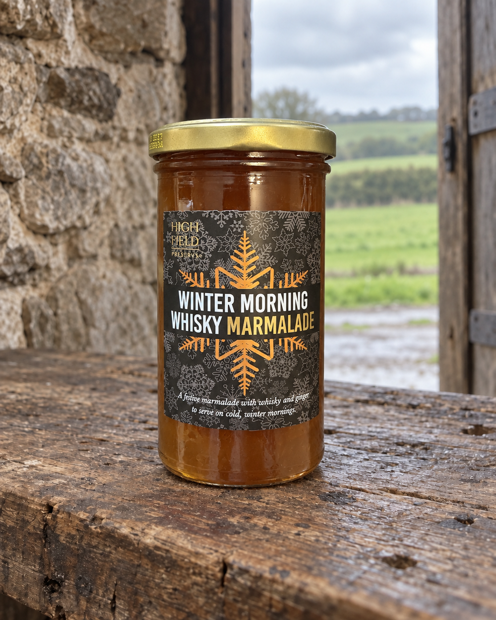 A glass jar of Highfield  'Winter Morning Whisky Marmalade' with a gold lid and dark patterned label, sitting on a rustic wooden surface in front of a stone wall with an outdoor field view.