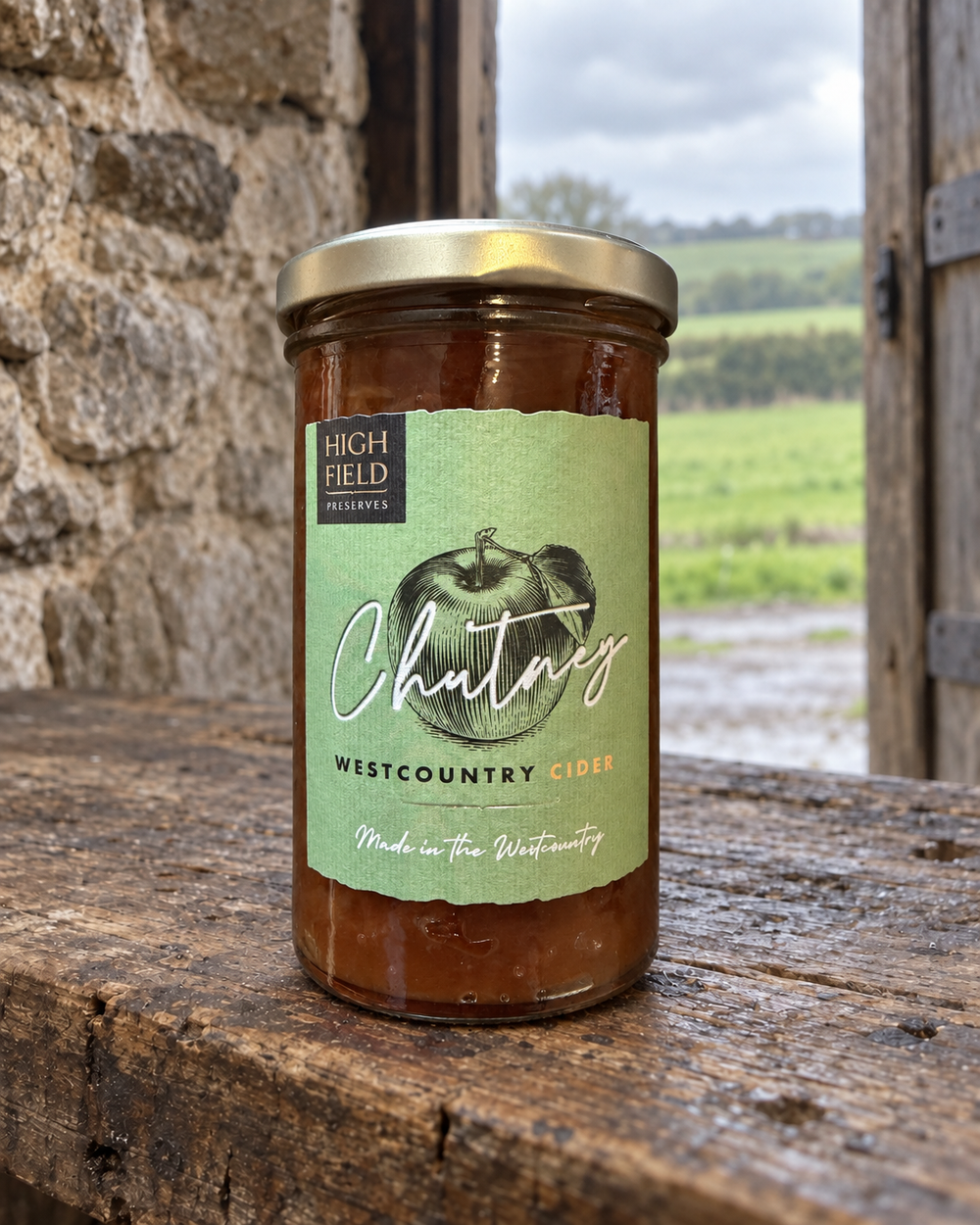A glass jar of High Field Westcountry Chutney sits on a rustic wooden table with a stone wall and an outdoor field view in the background. The jar has a gold lid and a light green label featuring an apple illustration and the brand name 'High Field'.