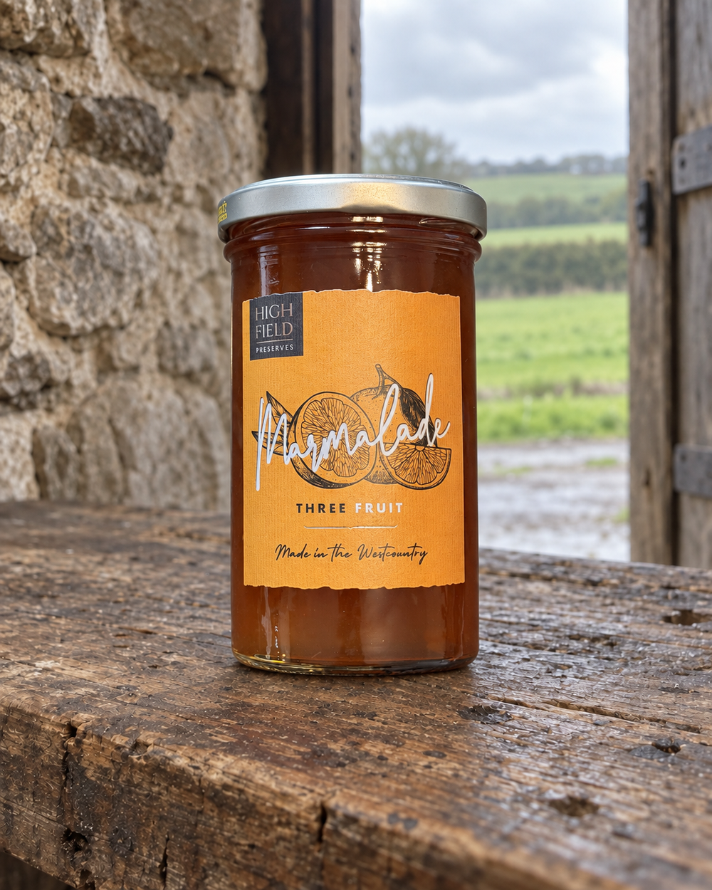 A glass jar of Highfield Preserves Marmalade Three Fruit sits on a rustic wooden table in front of a stone wall, with a blurred outdoor landscape visible in the background.