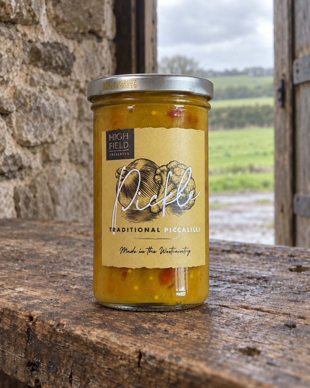 A glass jar of High Field Fermented Traditional Piccalilli pickles with a beige label and silver lid, sitting on a rustic wooden table with a stone wall and outdoor field view in the background.