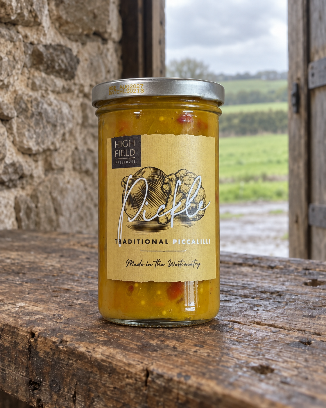 A glass jar of High Field Fermented Traditional Piccalilli pickles with a beige label and silver lid, sitting on a rustic wooden table with a stone wall and outdoor field view in the background.