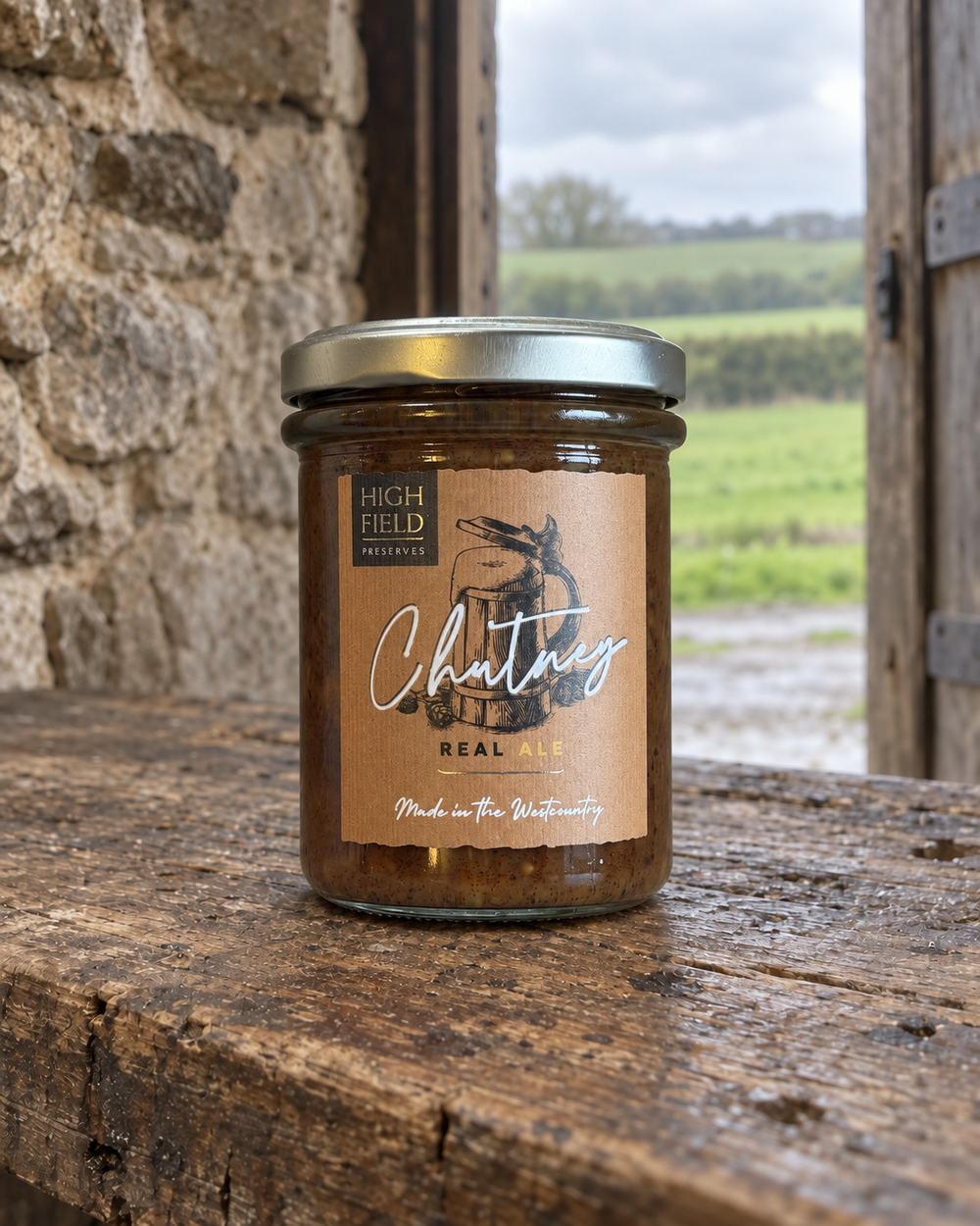 A jar of High Field Wellness Chutney sits on a rustic wooden table in front of a stone wall, with an open doorway revealing a green field in the background.